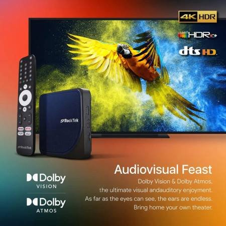 ⦁	RockTek G2 4K Android TV 11 Stream Box | Netflix Google Certified, Amlogic S905X4-K, 4G64G, DTS Dolby Audio, Dolby Vision