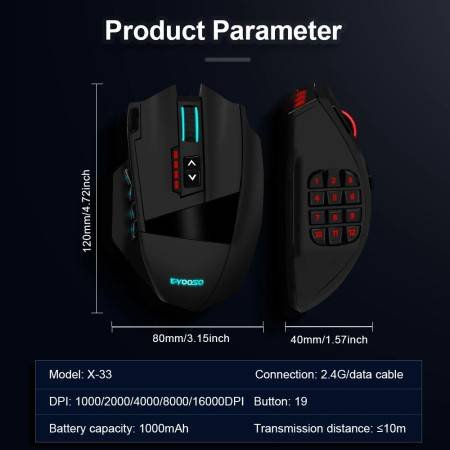 X-33 RGB Gaming Mouse 16000 DPI, 16 Programmable Buttons, USB 2.4G, PC/Laptop