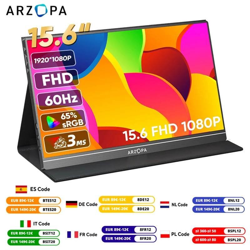 Arzopa 15.6'' FHD 1080P Tragbarer Monitor - HDMI, USB IPS Zweitmonitor für PC, Laptop, Mac, Switch, Xbox, PS4