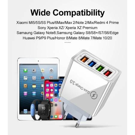 4 Port QC 3.0 Fast Charger Adapter - USB Wall Charger
