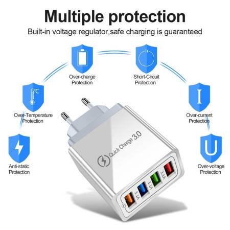 4 Port QC 3.0 Fast Charger Adapter - USB Wall Charger