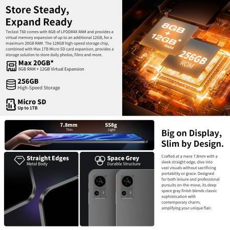 Teclast T60 Android Tablet - 12 Inch, 8 Core, 20GB RAM, 4G LTE
