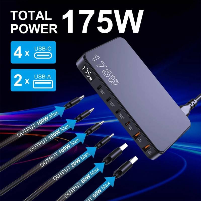 175W GaN USB-C Charger LED Display 6-Port Fast Charging Device