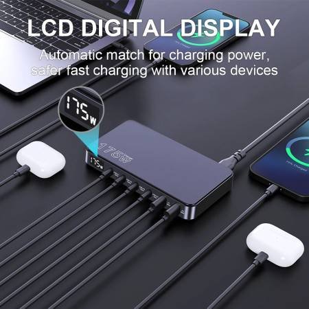 175W GaN USB-C Charger LED Display 6-Port Fast Charging Device