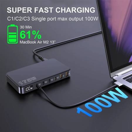 175W GaN USB-C Charger LED Display 6-Port Fast Charging Device