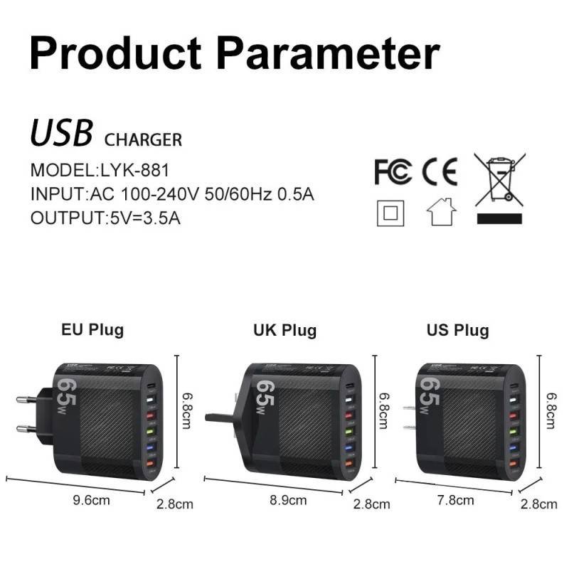 2.1A 5-Port USB PD Charging Adapter QC 3.1 Wall Type