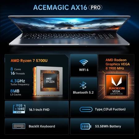 Acemagic Gaming Notebook Ryzen 7 5700U 16GB RAM 512GB SSD 16.1” Full HD