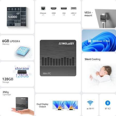 Teclast Mini PC N10 - 6GB RAM, 128GB SSD, Intel N4000, Windows 11 Pro
